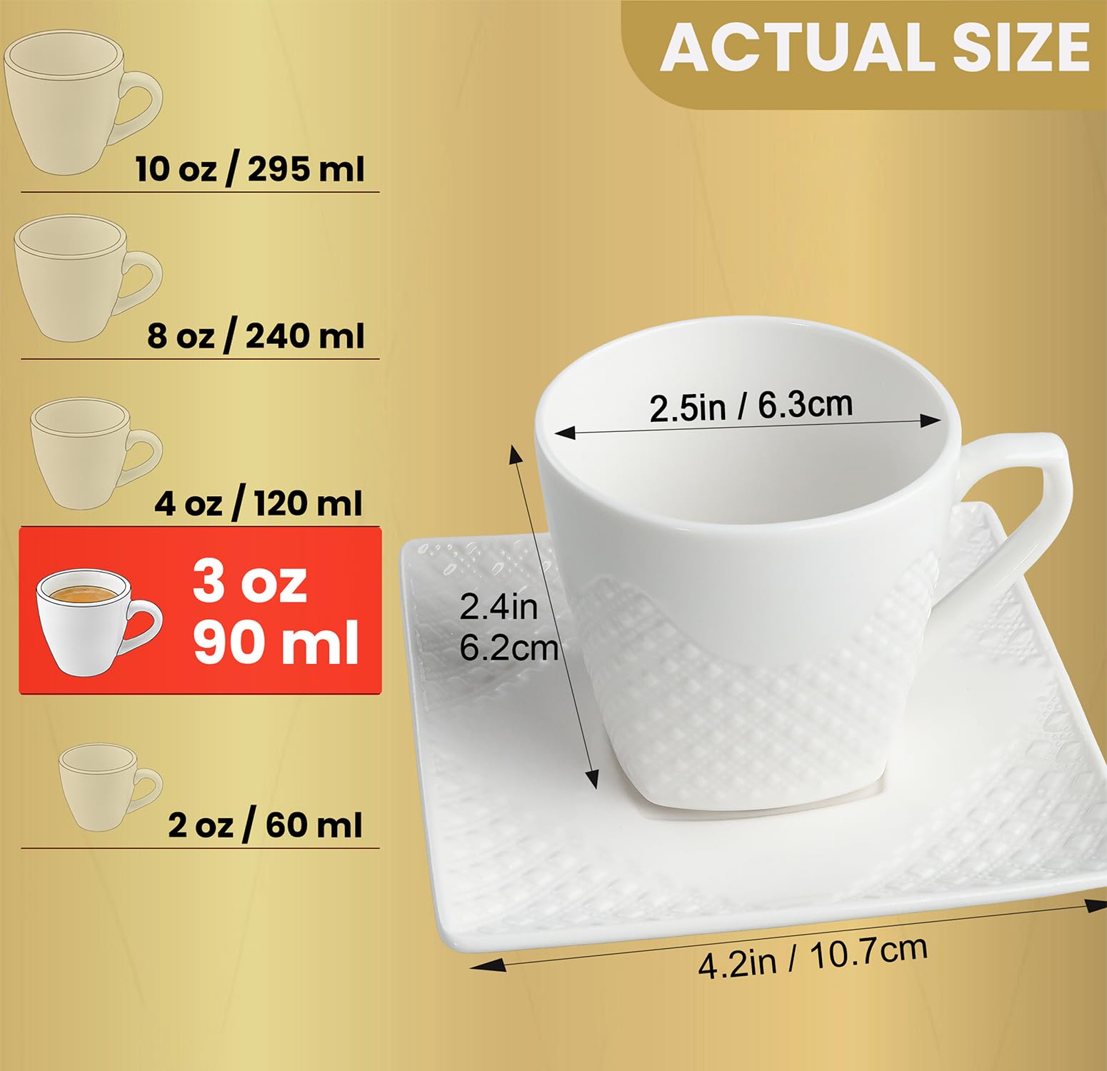 FUOCCI Juego de 6 tazas de café expreso italianas con platillo, de cerámica de 3.5 onzas