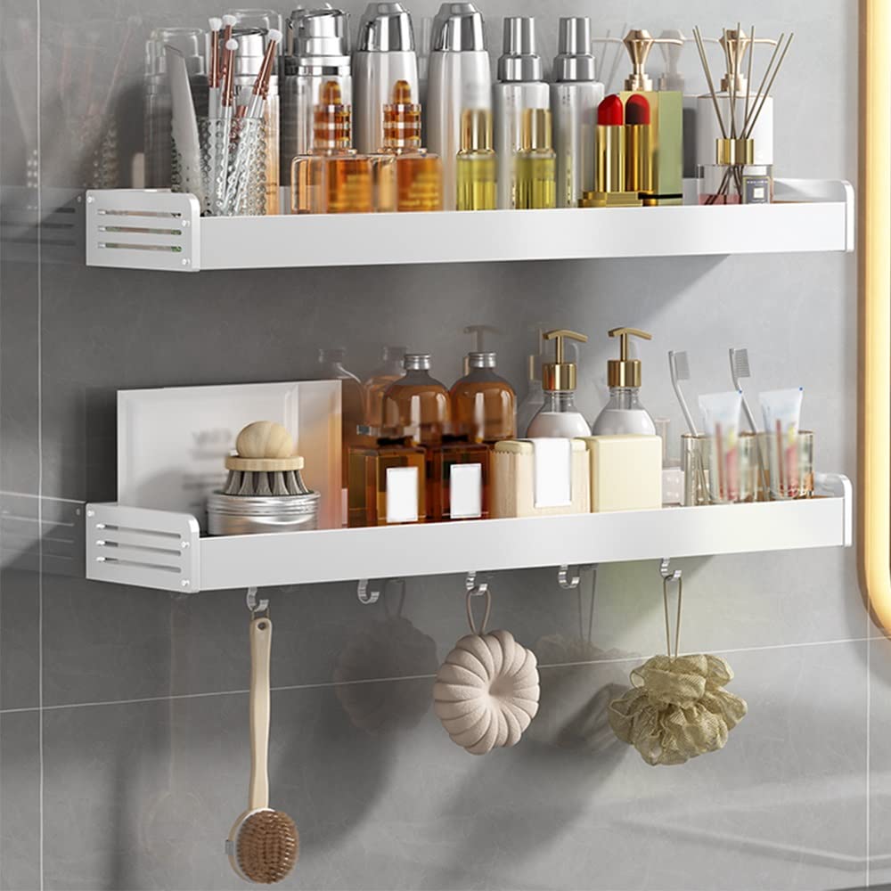 Caddy de douche blanc en aluminium 60cm avec crochets pour rangement mural