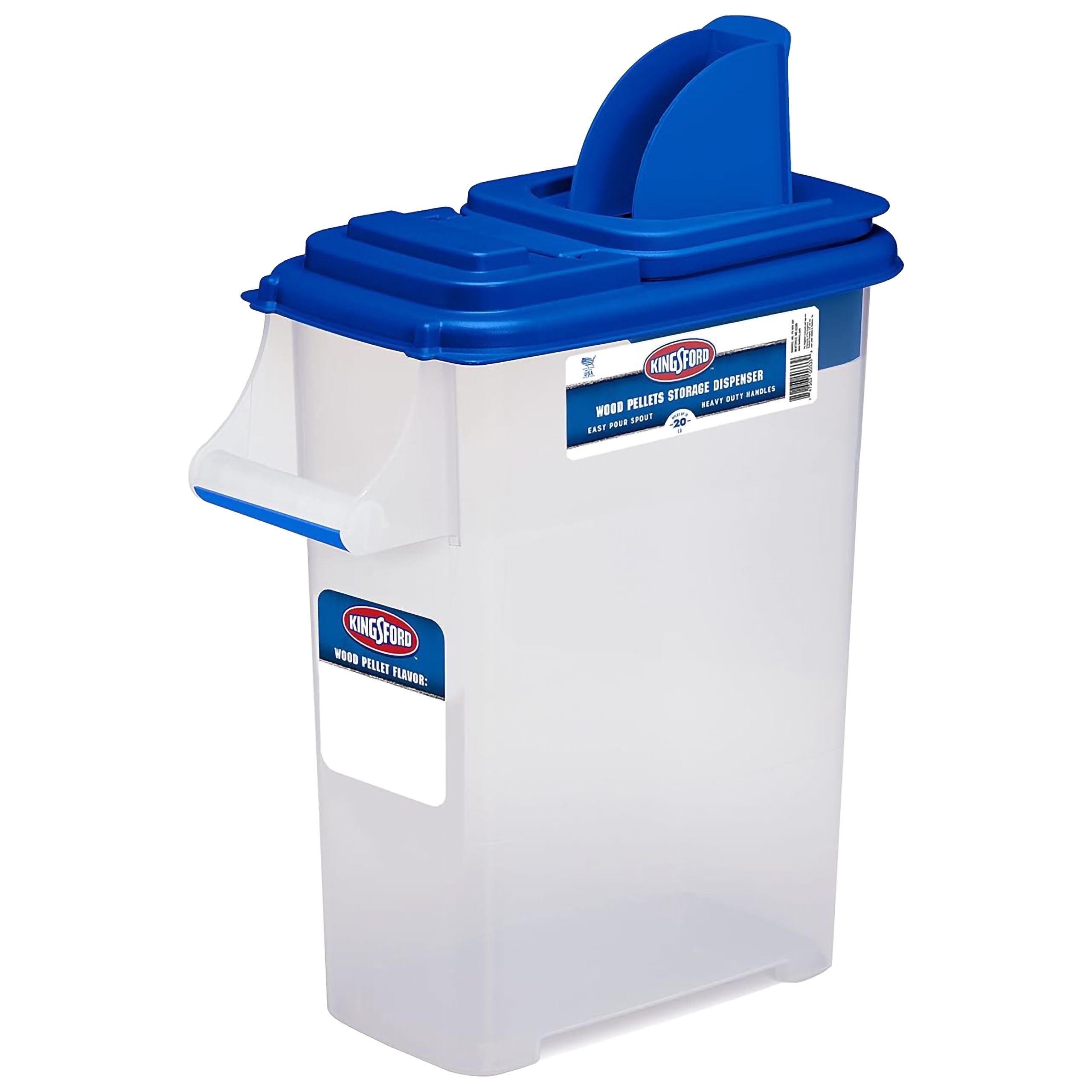 Buddeez Kingsford Pellet Dispenser with Flip Spout - Stackable Storage Bin for Wood and Grill Use - Clear Body with Blue Lid - 1 Count