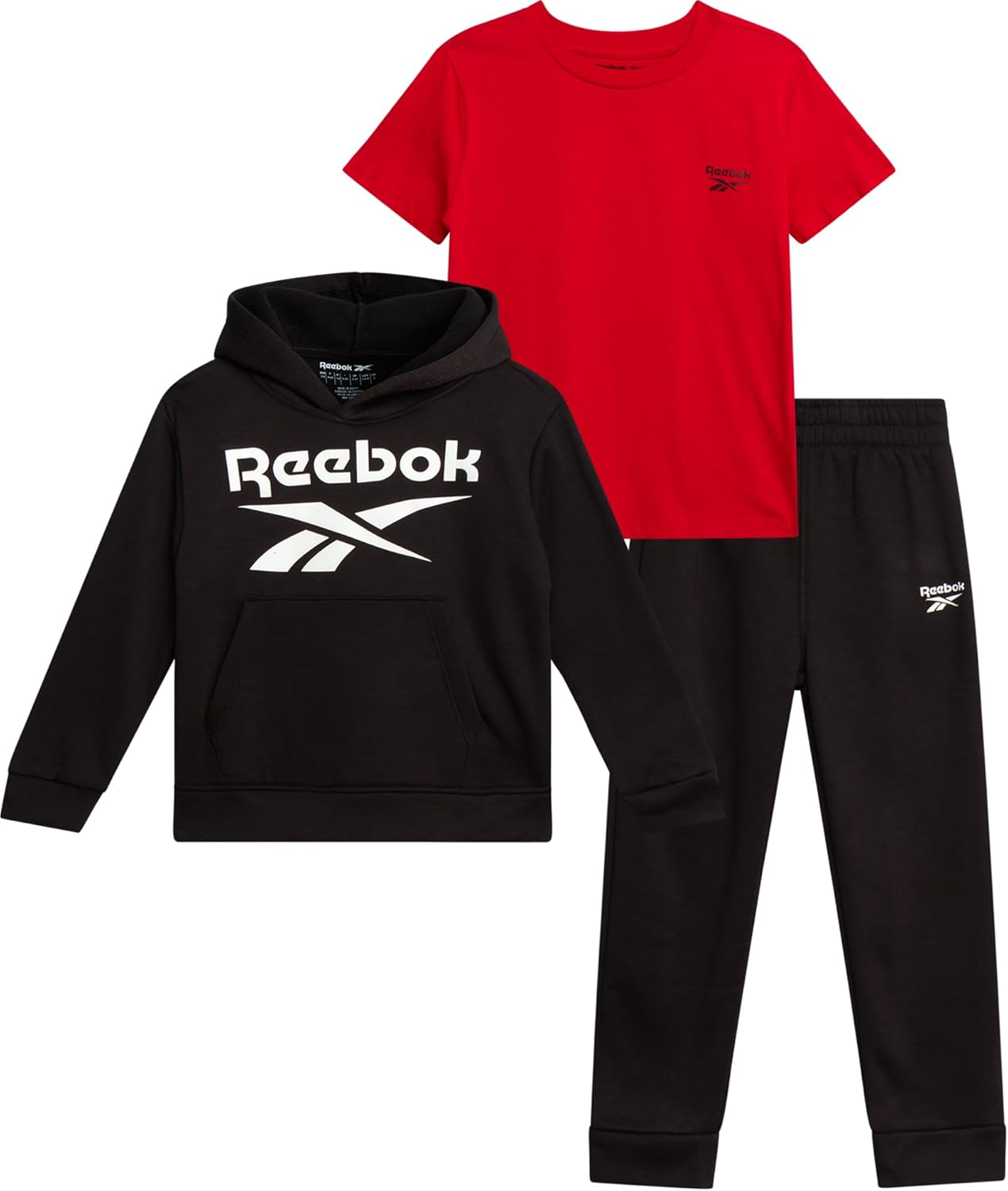 Reebok Baby Boys Pants Set - 3 Piece T-Shirt, Pullover Hoodie & Jogger Pants Set - Fleece Playwear Pant Sets for Toddlers