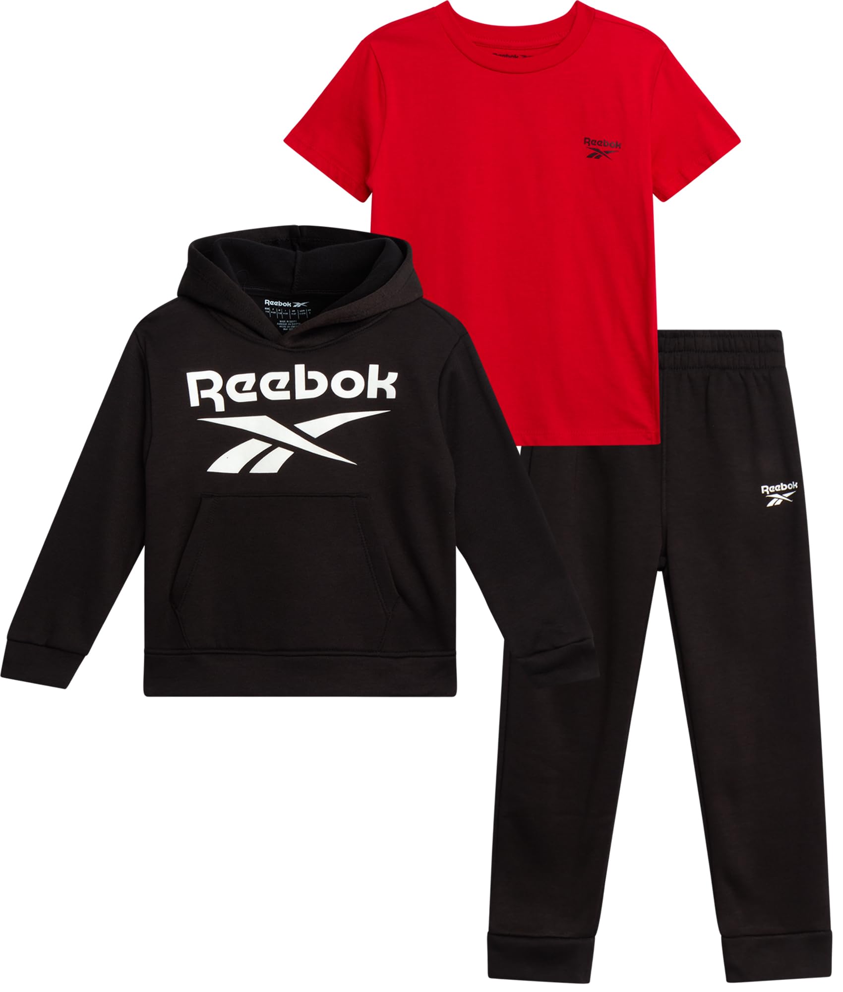 Reebok Set di pantaloni da bambino, 3 pezzi, t-shirt, felpa con cappuccio e jogger, set da jogging in pile, per taglie da bambino