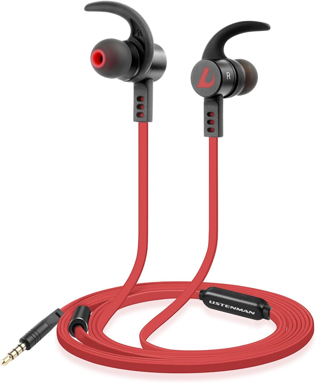 Listenman in-Ear Noise Cancelling Headphones, Wired Earphones in Ear Corded Earbuds with Built-in Microphone-B11 Red