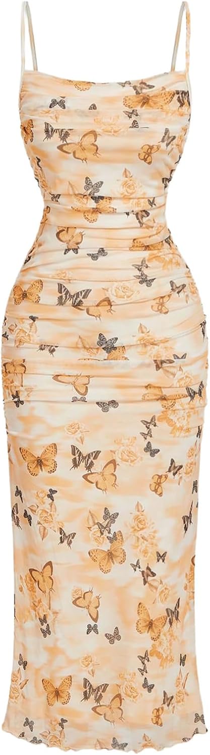 Verdusa Women's Butterfly Print Ruched Bodycon Dress Ruched Backless Cami Maxi Dress