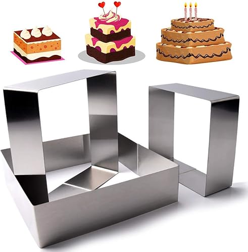 Goeielewe - Juego de 3 moldes para tartas (3 unidades), diseño de mousse cuadrado de acero inoxidable