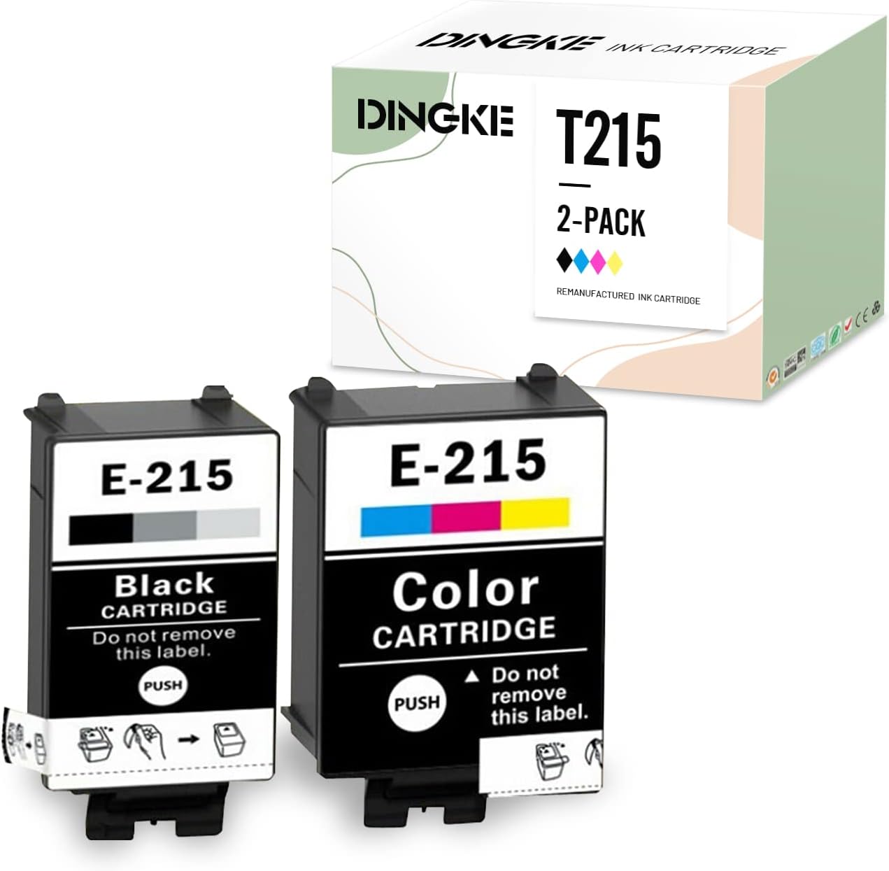 DingKe T215 215 Ink Cartridges Remanufactured for WF-100 WF-110 WF100 WF110 Printers (1Black, 1Tri-Color)