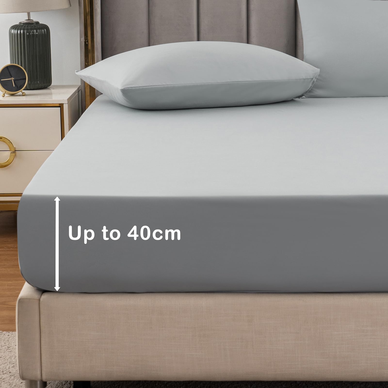 Grey Double Fitted Sheet Deep Fit - Bed Sheets with Extra Deep Pocket 16 inch (40 cm), Sof...