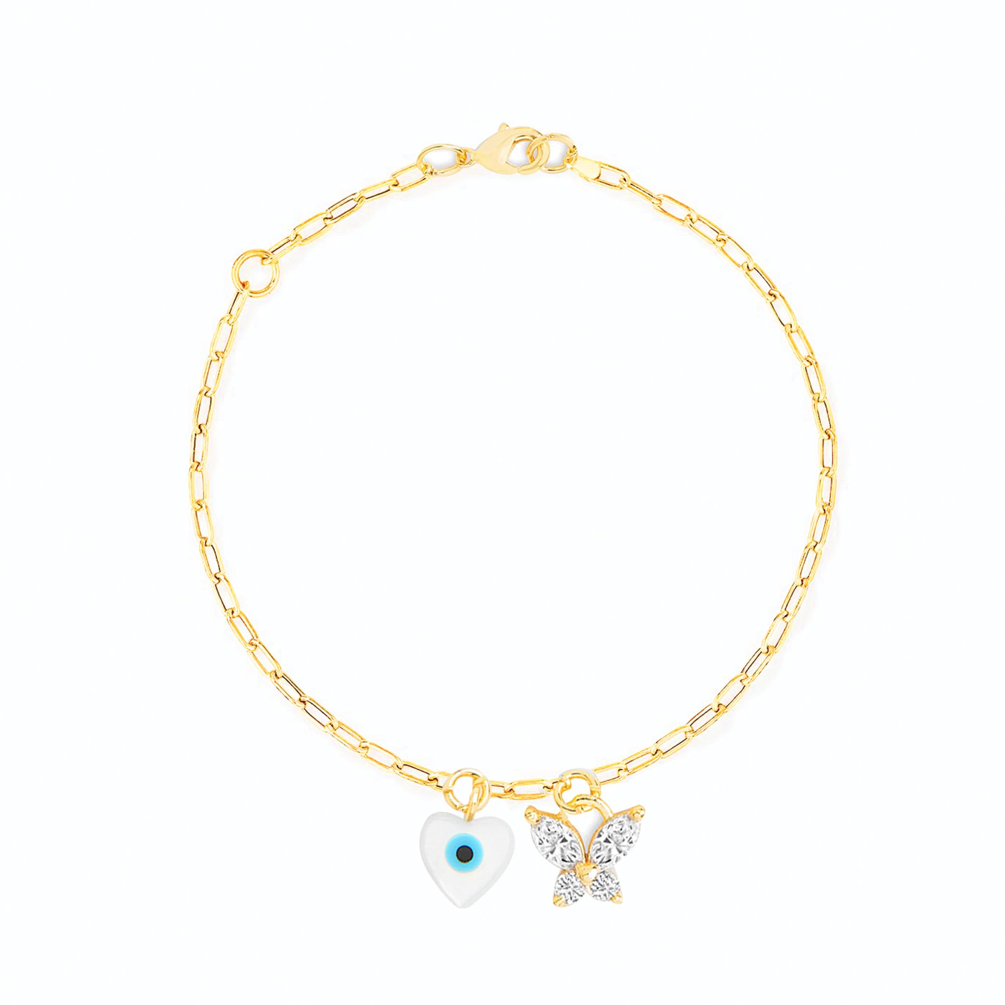 MINUTIAEHeart Love Evil Eye Nazariya With Hanging Zircon Butterfly Plated Link Bracelet For Womens and Girls
