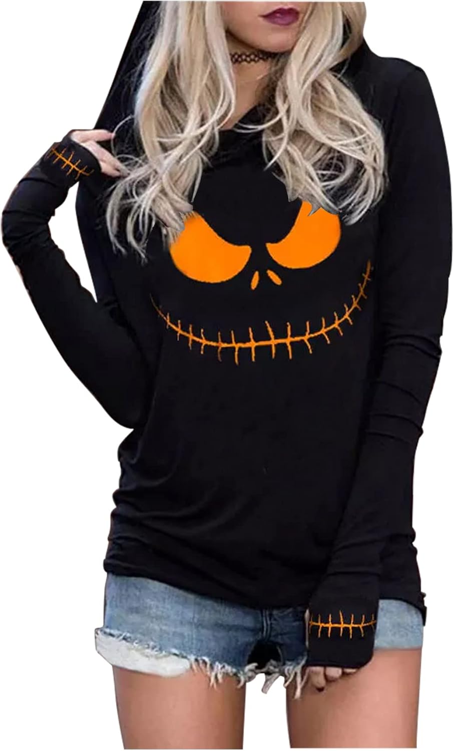 CHUNTIANRAN Women's Halloween Shirts Skull Silhouette Graphic Hoodie T Shirts Casual Loose Long Sleeve Pullover T Shirt