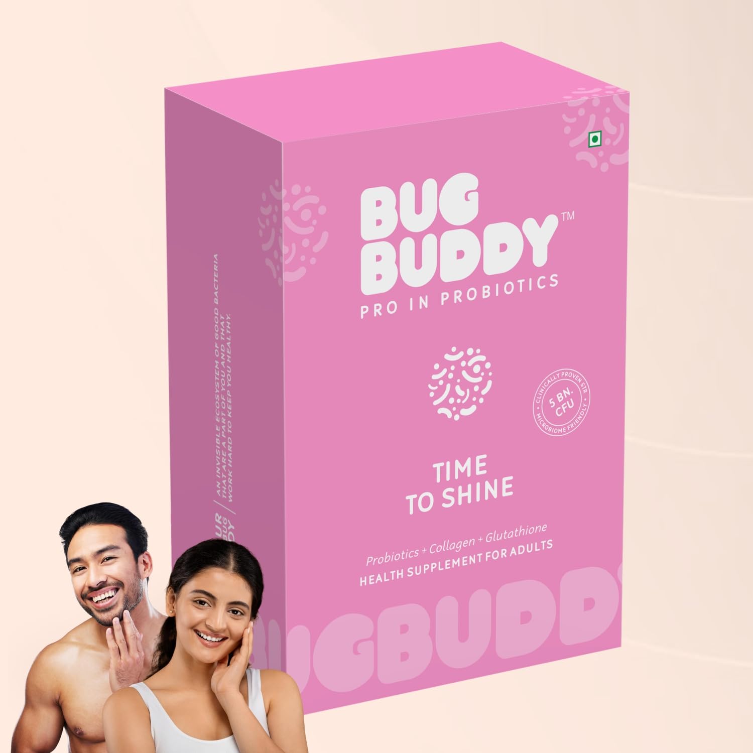 Bug Buddy - Time To Shine | Glutathione for Skin Whitening with Collagen & Probiotics (5 Bn CFU) | Backed by 13+ Clinical Studies | For Glowing Skin, Acne reduction & Healthy Hair | 30 Days Pack
