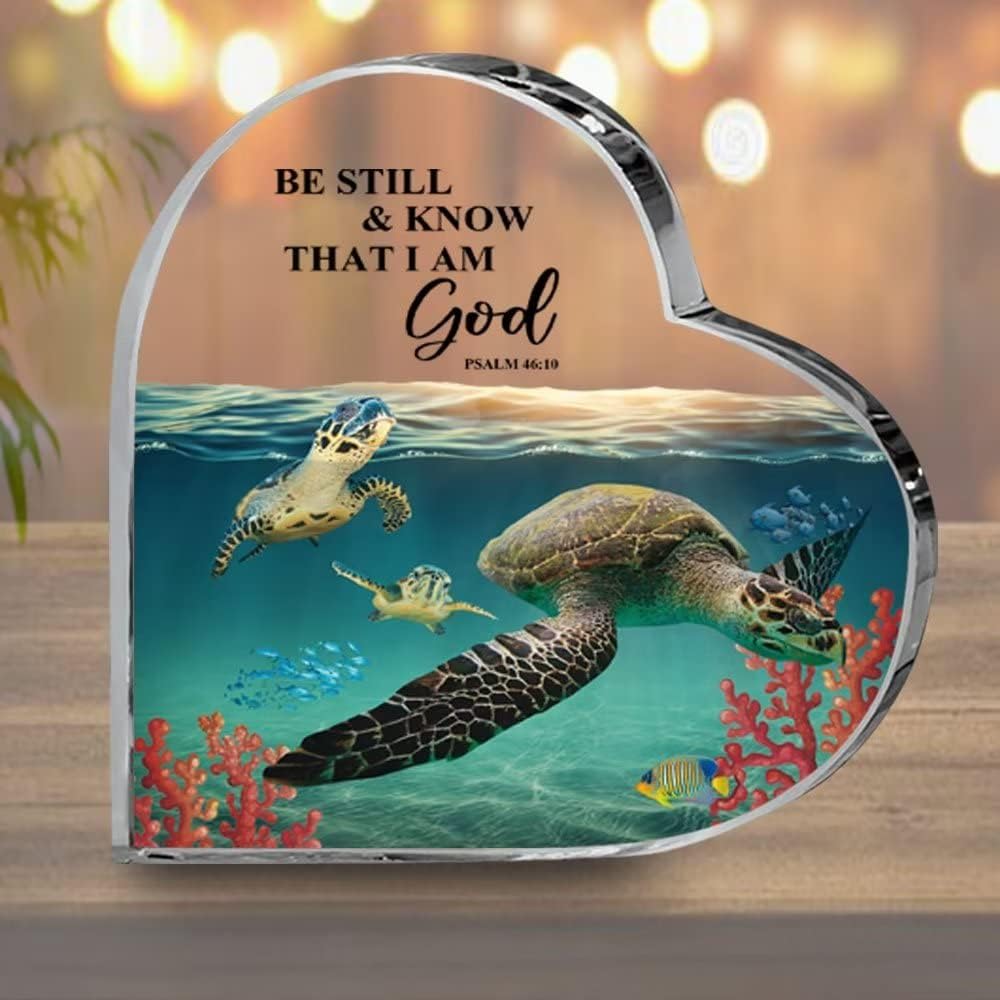 Turtle Acrylic Plaque Christian Gift,Be Still and Know That I am God Psalm Scripture Table Plaque,46:10 Religious Gift for Friend Bestie,Ocean Sea Heart Plaque Desk Decor for Home Room Office 4.9"