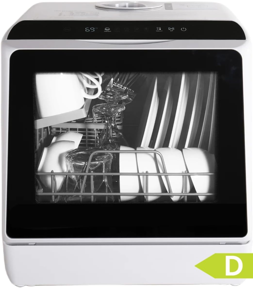 YU YUSING Mini Lavastoviglie Piccola 45 cm 5 Coperti, 5+1 Programmi, Asciugatura PTC, con o senza Alimentazione Idrica, Lavastoviglie Portatile, Serbatoio da 5L, Display LED, Bianco e Nero