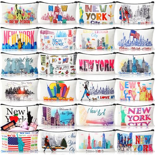 24 Pieces Makeup Bags Bulk Canvas Cosmetic Bags Purse Organizer Zipper Cosmetic Pouch Portable Travel Toiletry Pouch for Women Men Gifts, 7 x 4 Inch (New York)