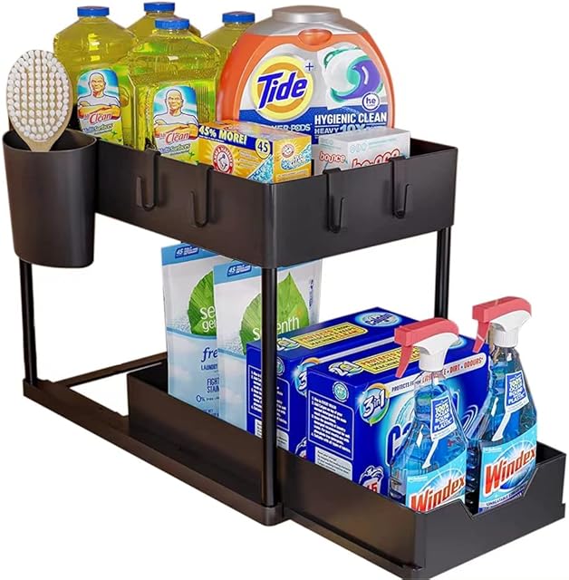BBX-G 2-Tier Under Sink Organizer,Sliding Under Bathroom Cabinet Storage Drawer Organizer with Hooks, Multi-Purpose Kitchen Bathroom Under Sink Shelf Organizer, Black