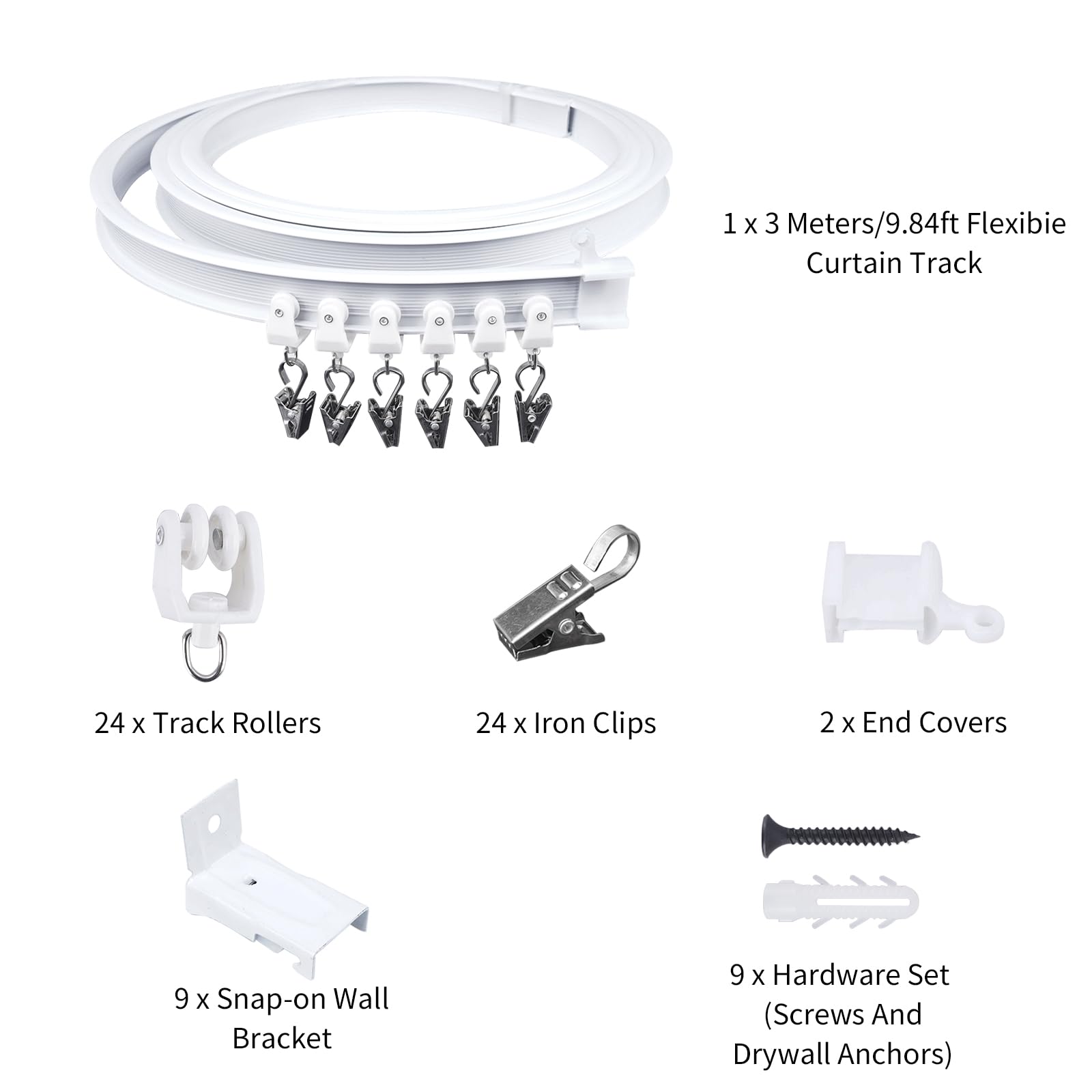 3m Binario per Tende a Parete con 24 Clips in Ferro,Flessibile,Curvo, Binario PVC Montato Lateralmente, Sistemi di Scorrevole Binario Tende da Doccia, Divisori per Ambienti, per Camper,Bianco