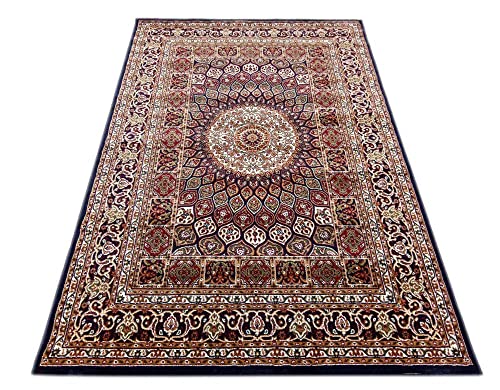 Image of Kashmiri Traditional Design Wool & Wool Blend Carpet with 12 MM Pile Height 6x9 Feet Blue Colour