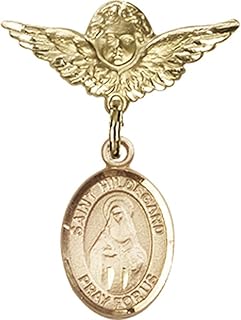 14kt Yellow Gold Baby Badge with St. Hildegard Von Bingen Charm and Angel w/Wings Badge Pin 1 X 3/4 inches