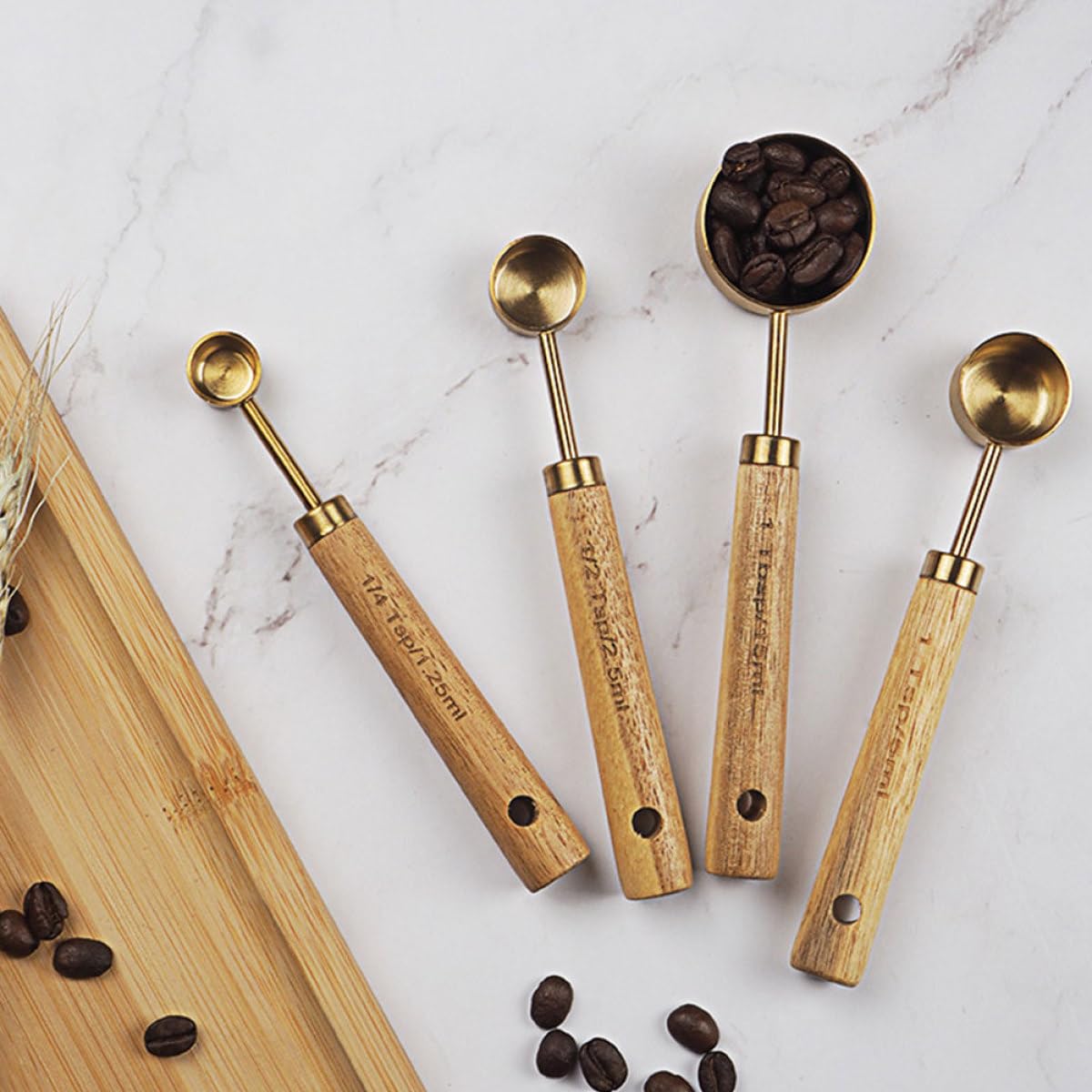 Set Cucchiaini Dosatori 8 Pezzi in Acciaio Inox e Legno, Impilabile