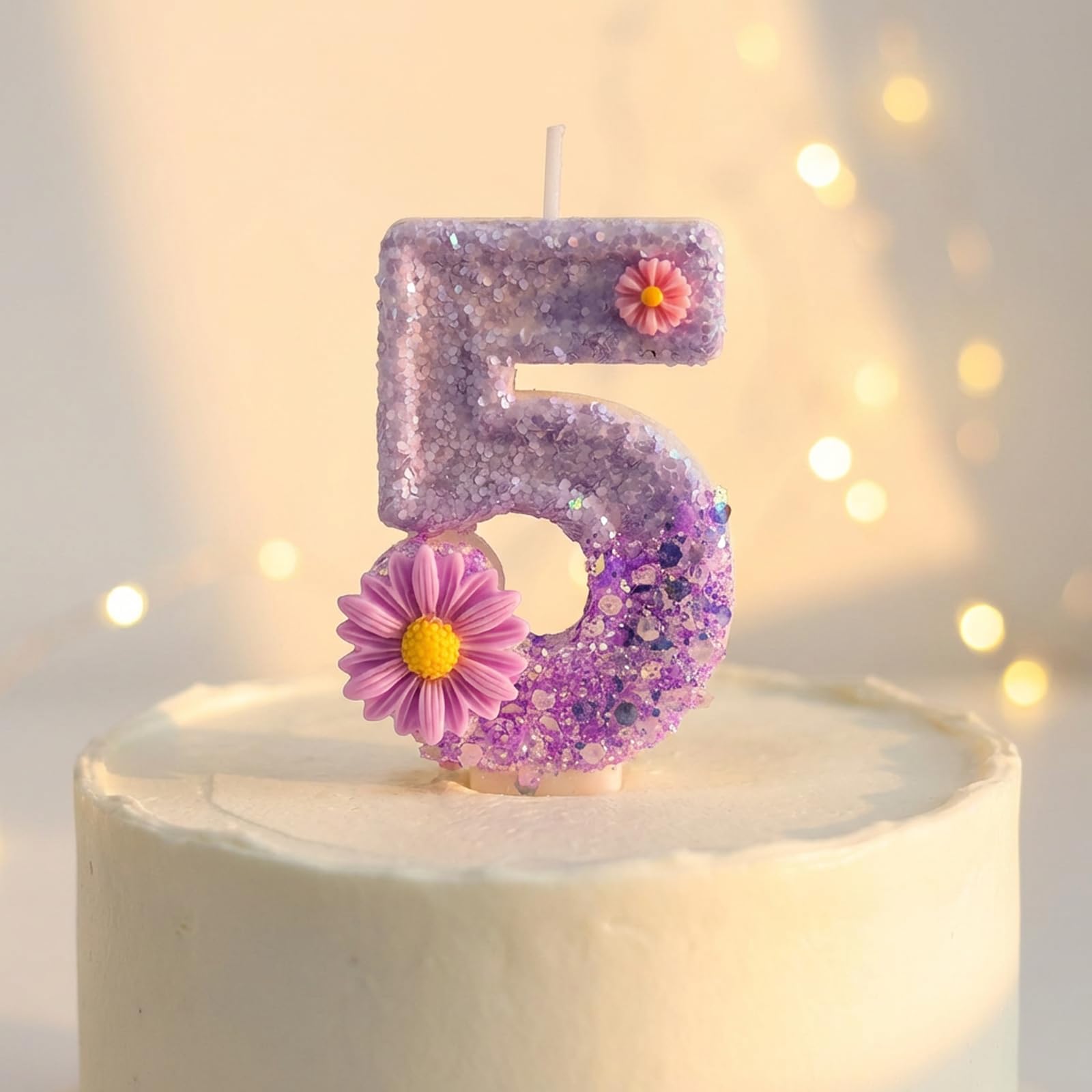 Number 5 Birthday Candles - Sparkling Purple with Flower Design, Non-Toxic Smokeless Flameless Candles for Kids Birthday Party Cake Decorations