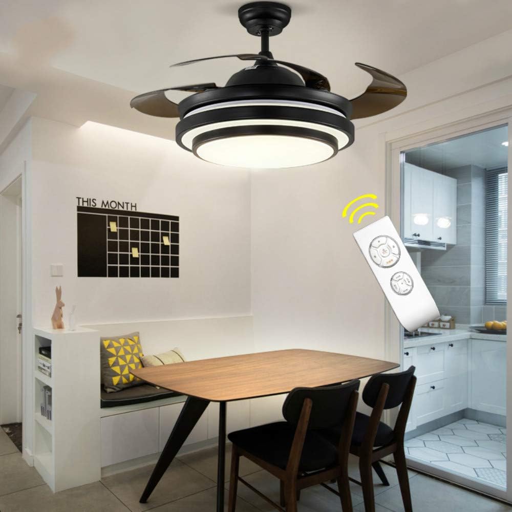 42" Invisible Black Ceiling Fan with Lights and Remote 4 Retractable Brown Blades Reversible Fan Chandelier 36W for Indoor Bedroom Livingroom LED Light with Fans (Black-01)