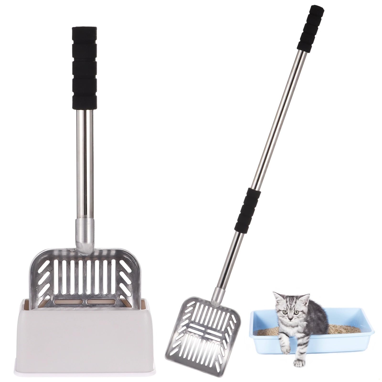 Cat Litter Scoop with 32 Extendable Handle, Stainless Steel Sifter & Holder