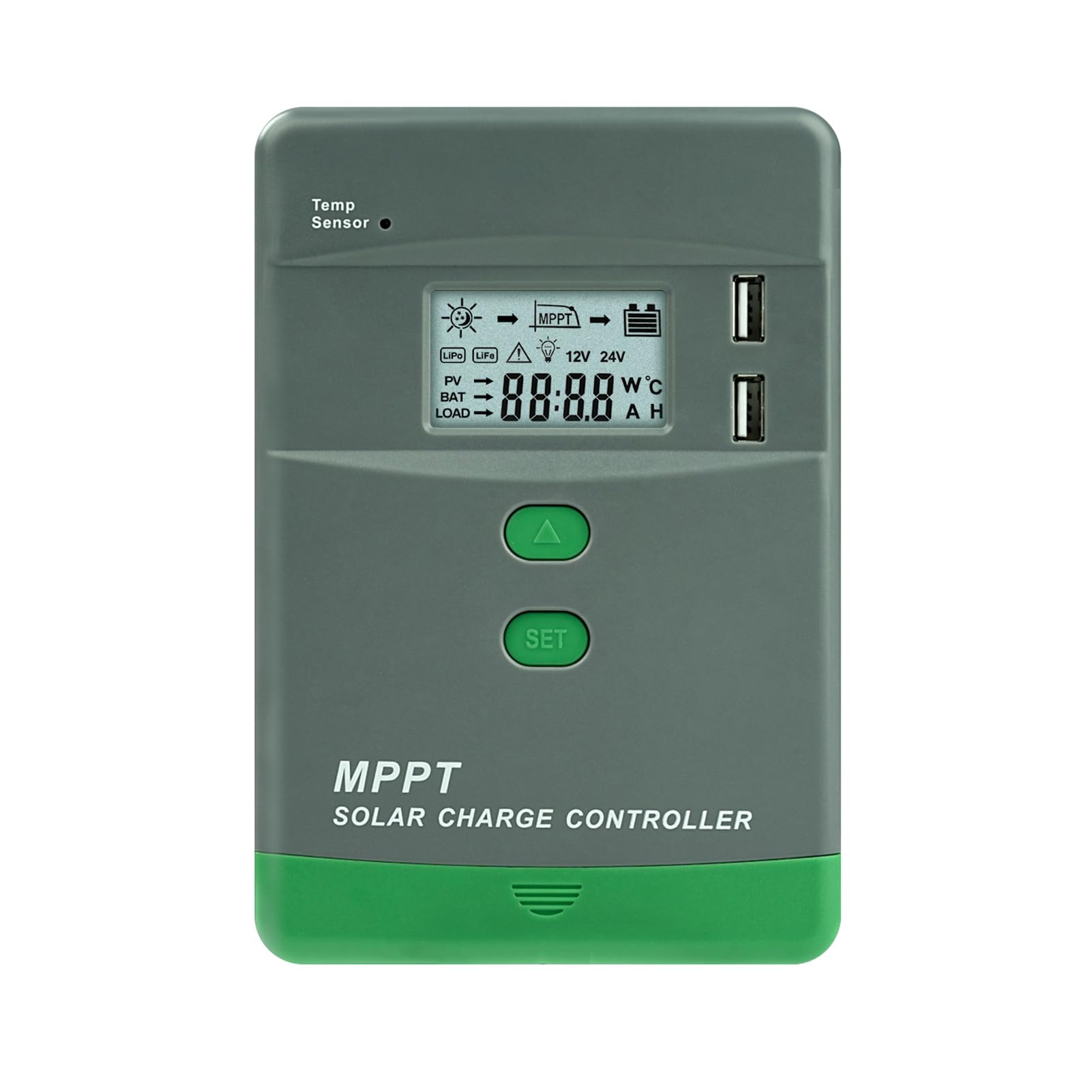 Controlador de carga solar 12V 20A Bluetooth mppt regulador solar Doble USB Identificación automática 12V/24V Tensión máxima de circuito abierto 60V Pantalla LCD MRL20