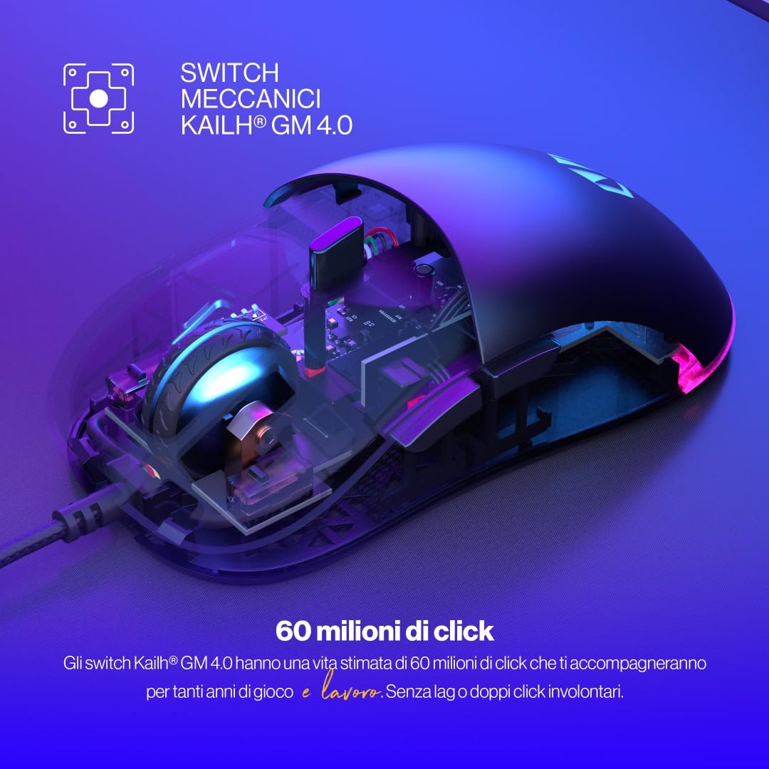 ENDORFY Gem, Mouse da Gaming Leggero (67 g), sensore PixArt PMW3325, 8000 DPI, Switch Kailh GM 4.0, 6 Tasti programmabili, Pad in PTFE, EY6A006