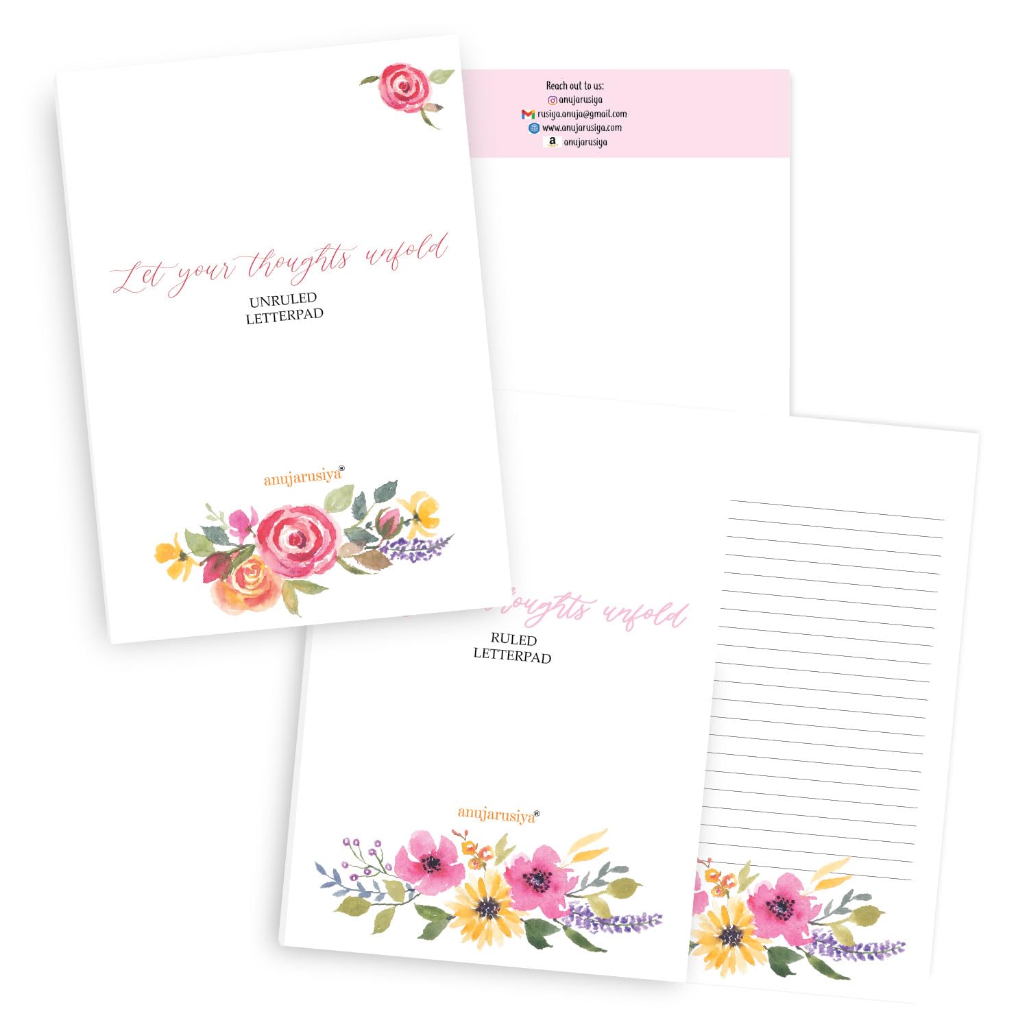 Floral Letter Pad Set of 2 | A5 Writing Paper | 20 Ruled + 20 Plain Sheets | 100 GSM Natural Shade Bond Paper | Watercolor Illustrated Notepad for Letters, Poems & Lyrics Writing