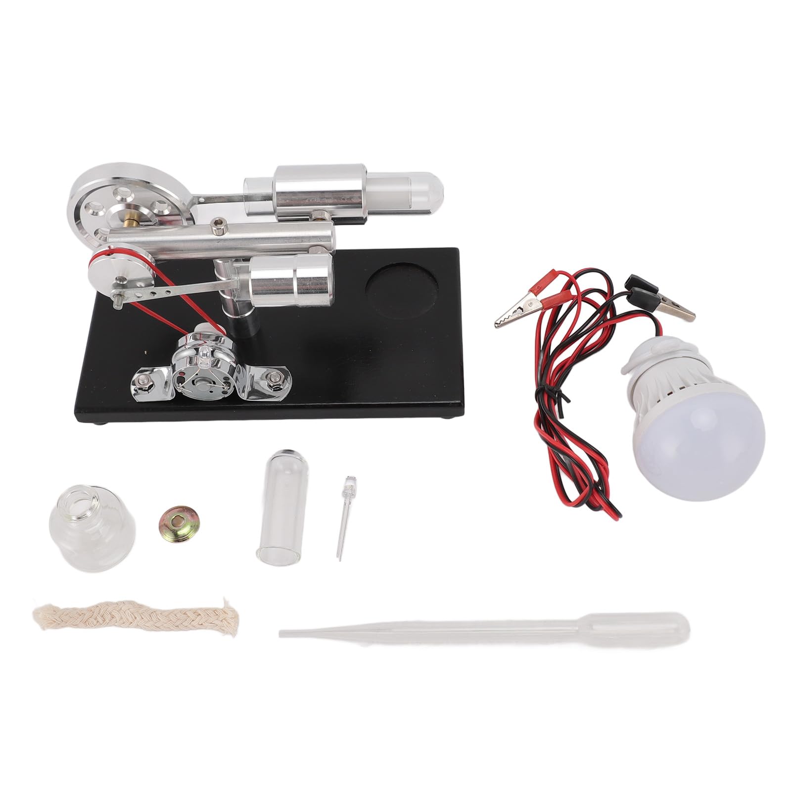 Modello di Motore Sterling Generatore di Energia Elettrica a Luce LED Colorata per Giocattoli Educativi Materiale Piastra di Base CNC Lega di Alluminio Vetro Legno di Pino