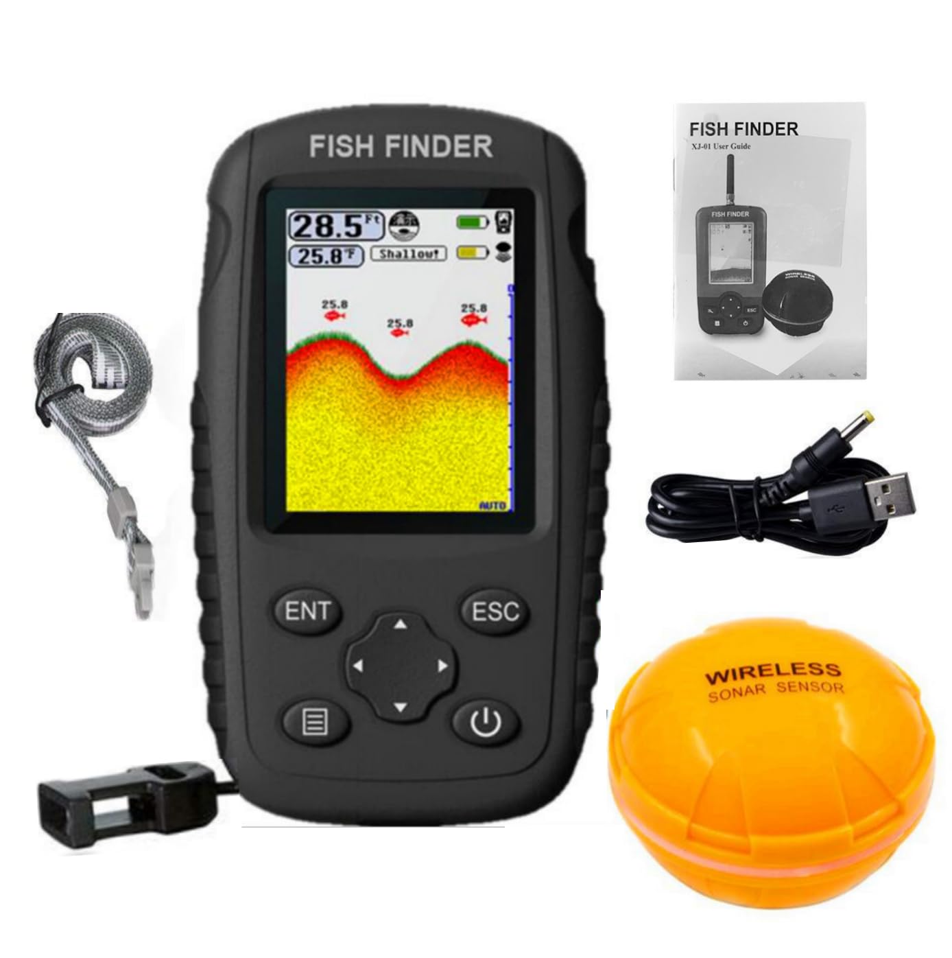 Portable Fish Finder, Handheld Wireless Sonar Transducer Fish Finder, Rechargeable Fish Finder for Fishing Kayak Fishing Boat, LCD Display of Water Depth & Temperature Fish Size Bottom Contour-image-6