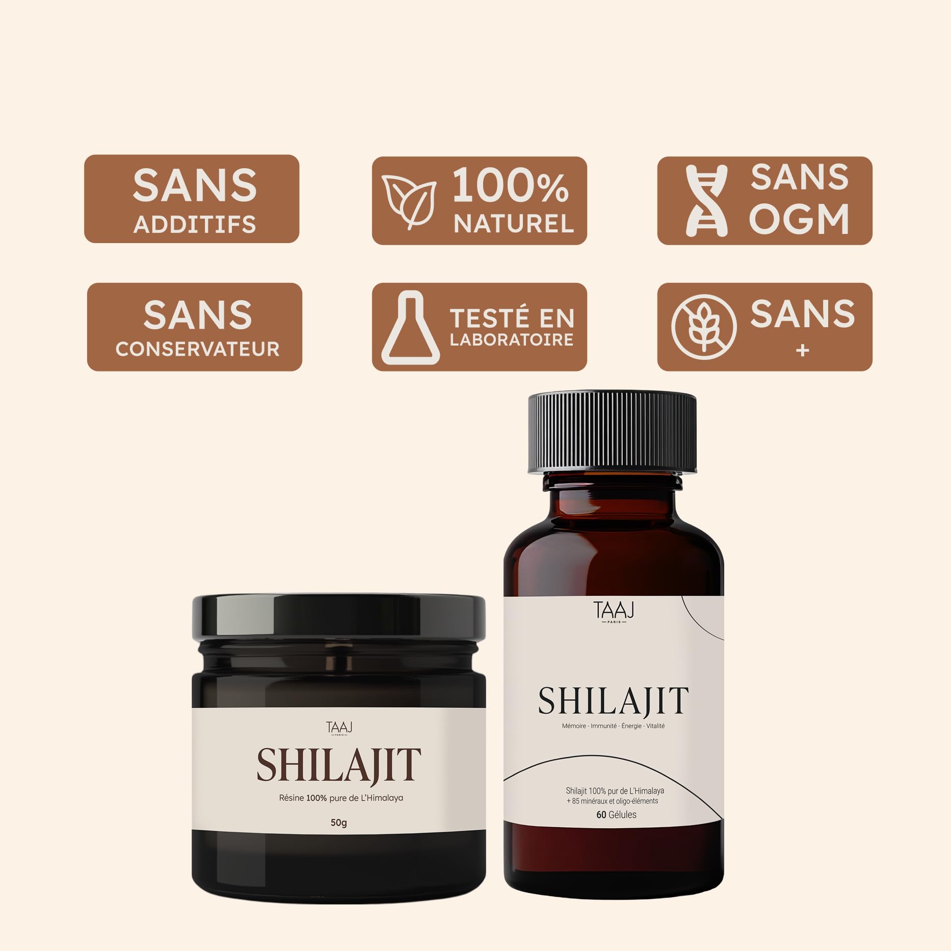 TAAJ | Shilajit en résine | Pur de l'Himalaya, 100% naturel | 70% d'acides fulviques | + 85 minéraux et oligo-éléments | Antioxydant | Cure de 3 mois | 50g