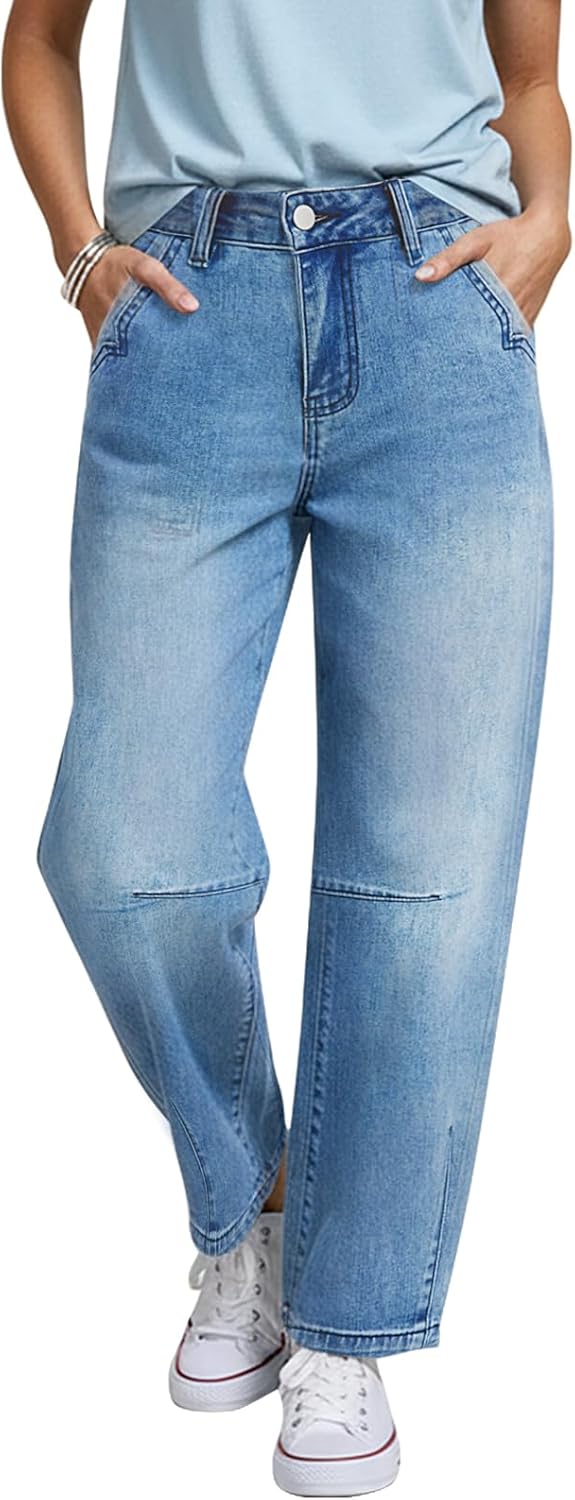 Barrel Jeans for Women Trandy Mid Rise Straight Leg Casual Washed Denim Jeans