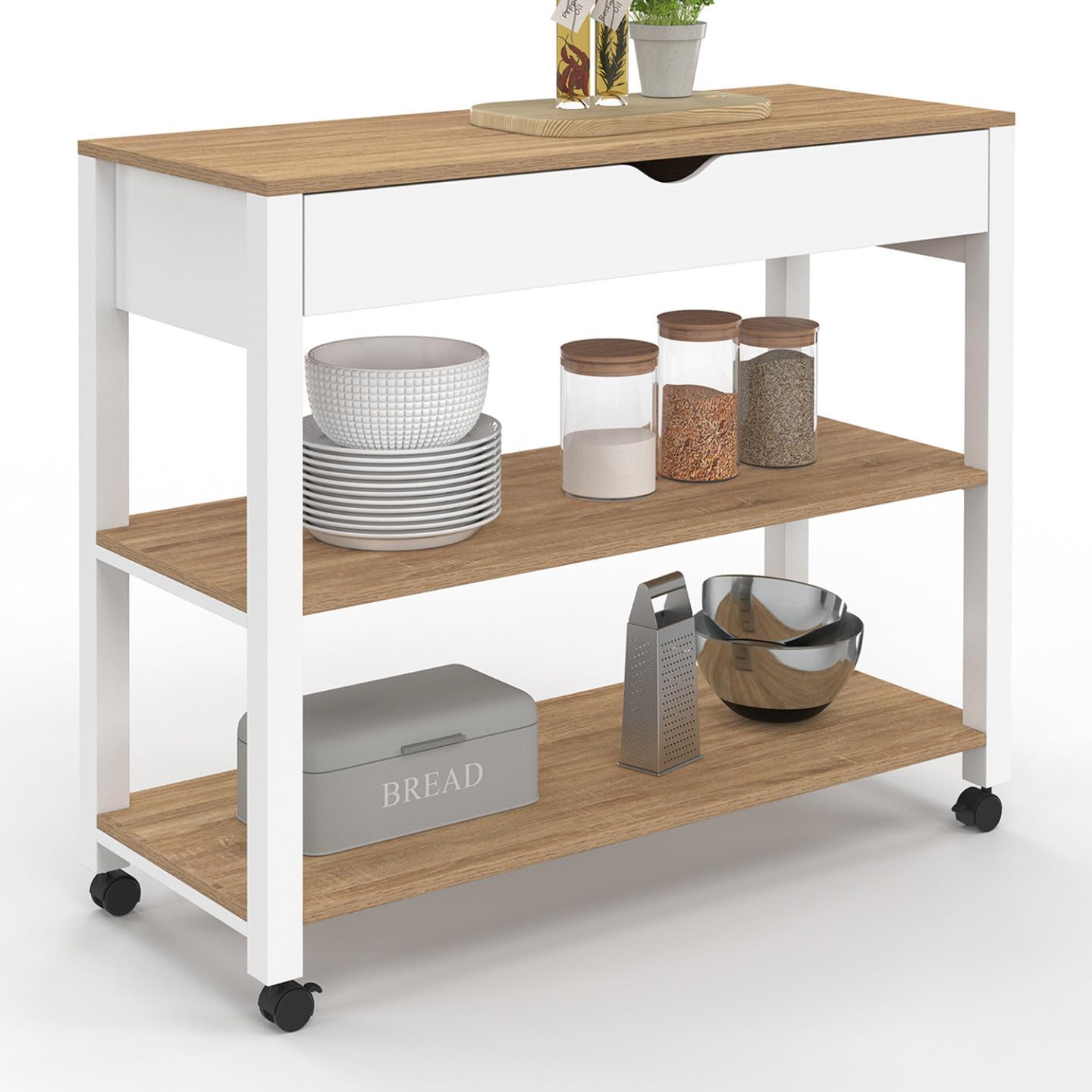 IDMarket – Carro de cocina PENH XXL con cajón y encimera blanca, bandejas estilo haya, 100 CM de largo