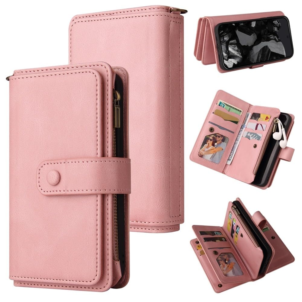 Generic Custodia compatibile con Google Pixel 6 (colore: rosa) portafoglio in pelle con cerniera 15 scomparti per carte di credito flip cover posteriore