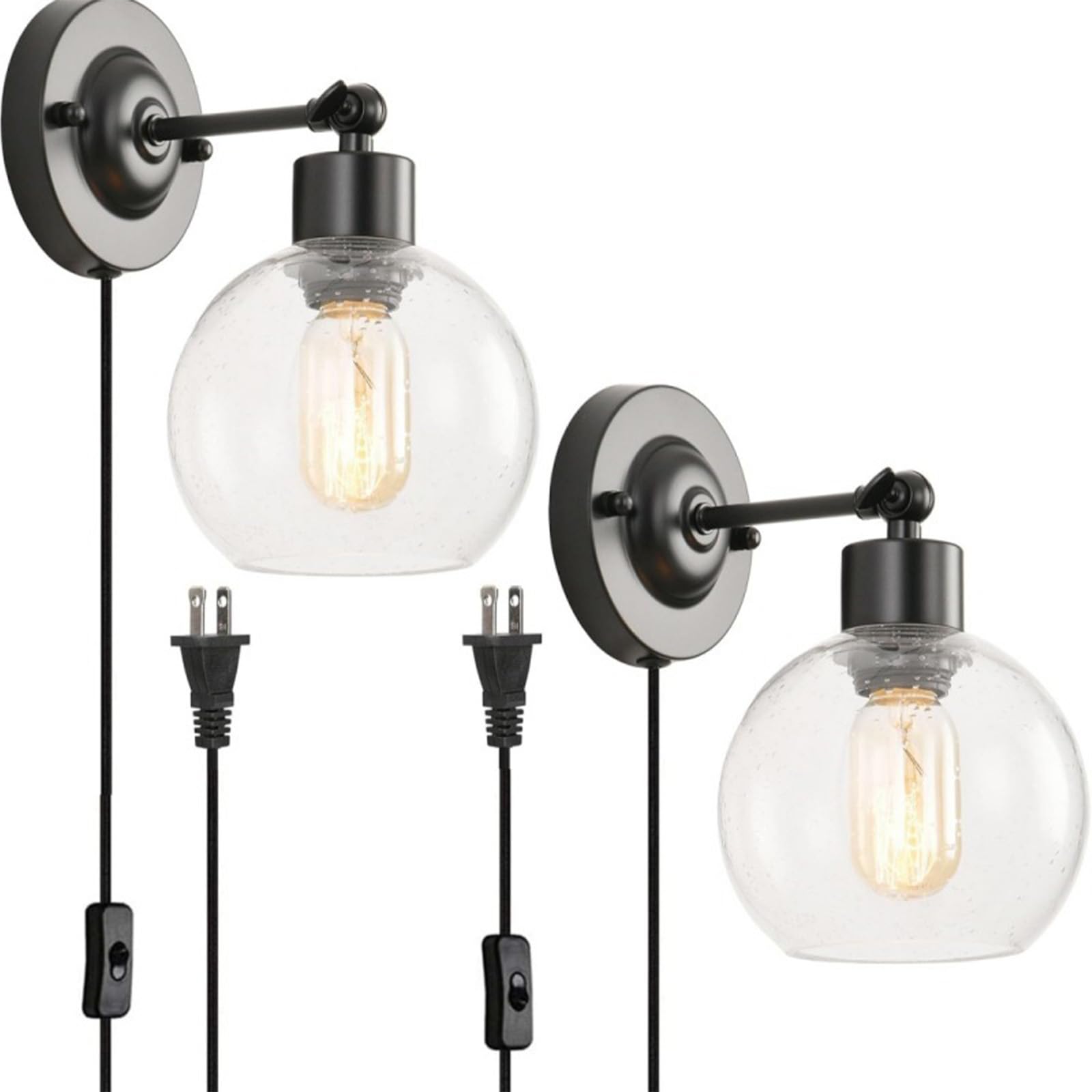 E27 Innen Wandleuchten mit Schalter und Steckdose Wandbeleuchtung 180° Drehung Vintage Industrie Wandleuchte für Wohnzimmer Schlafzimmer Nachttisch Flur (ohne Glühbirne) (Schwarz,2 Stück)