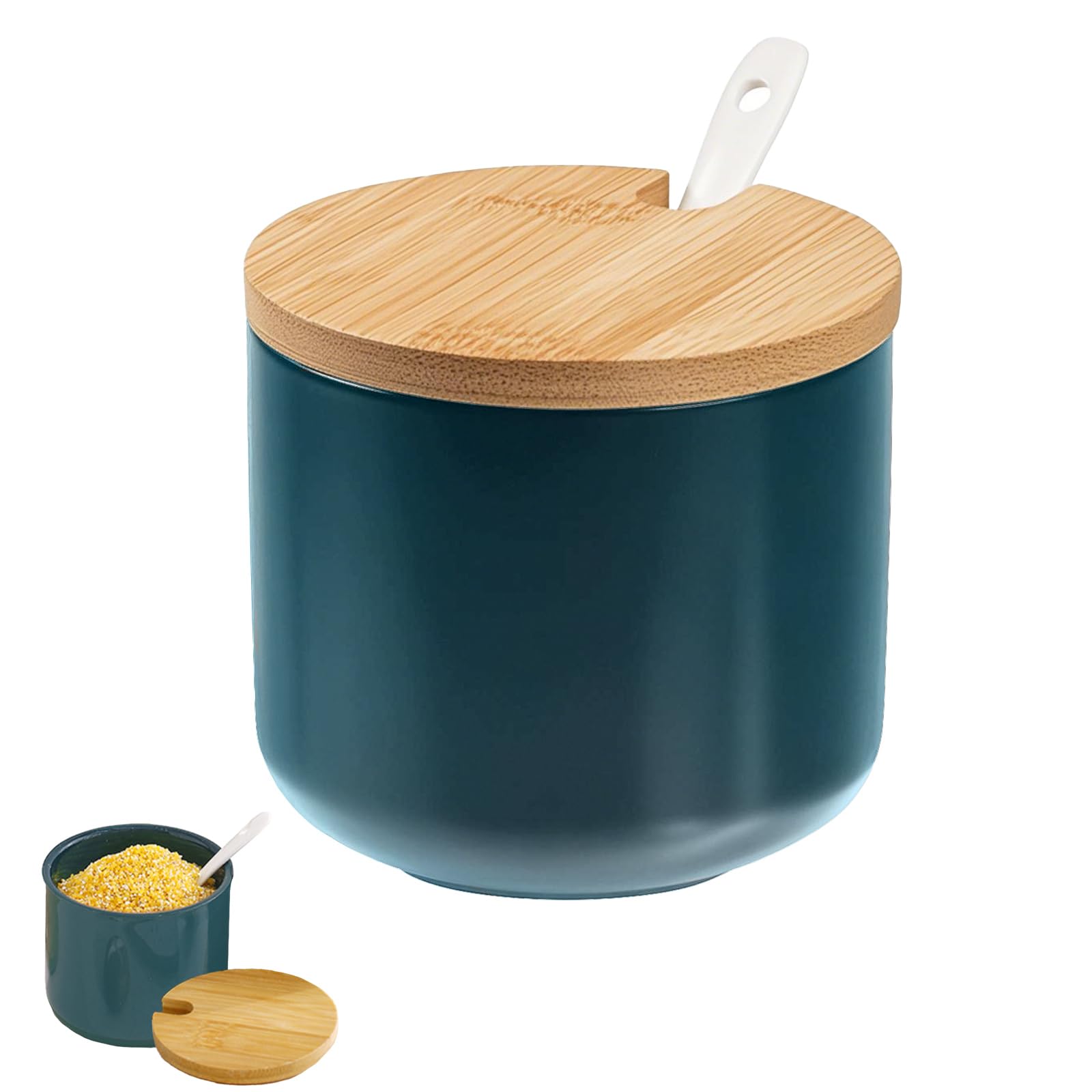 Salière en céramique avec couvercle en bois et cuillère, élégante salière avec couvercle en vert émeraude, récipient à sel moderne pour cuisine et table, pot à sel élégant avec cuillère