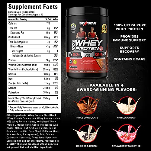 Six Star Whey Protein Plus Powder + Immune Support, Isolate & Peptides + Muscle Builder For Gain & Recovery, Strawberry, 32 Oz #TOP1