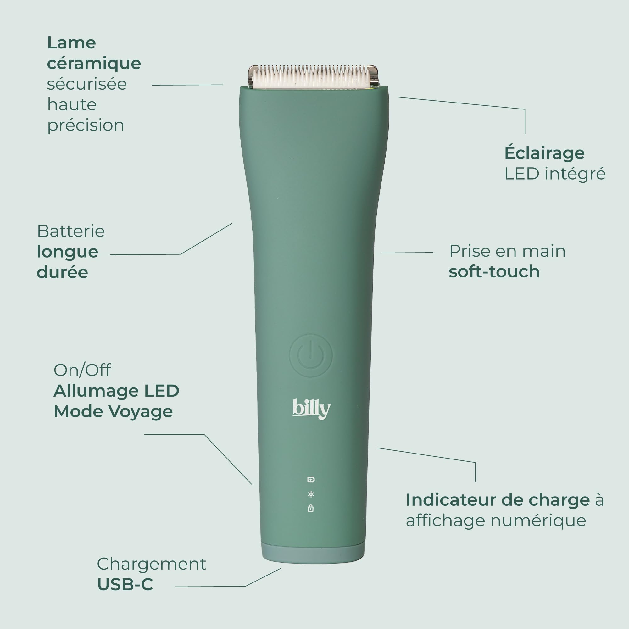 billy - LA tondeuse Intime Anti-Coupure Zones Sensibles et Intimes Homme/Femme - Lame Céramique Anti Coupure - Waterproof - 5 Hauteurs (0,3,6,9,12mm) - LED Intégrée - USB-C - Poils pubiens (Vert)