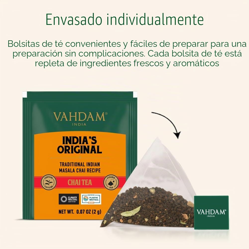VAHDAM, Original Masala Chai Té (30 Piramidales Bolsitas De Té) Masala Chai | Bolsa De Con Especias Chai | 100% Pura Y Natural | Caliente, Frío O Como Kombucha