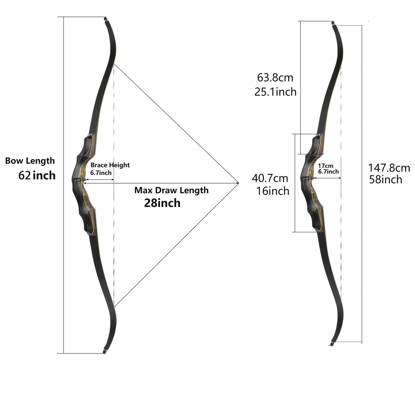 Tiro con l'arco 62 pollici Takedown Recurve Bow Alzata in legno Arco ricurvo professionale da competizione per tiro al bersaglio 20-60 libbre Regolabile