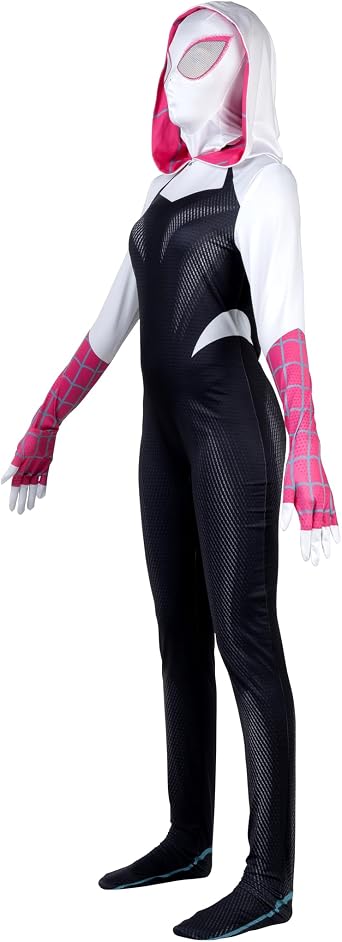 MARVEL Spider-Gwen Official Adult Zentai Halloween Costume - Hooded Spandex Jumpsuit with Printed Design and Pull On Mask