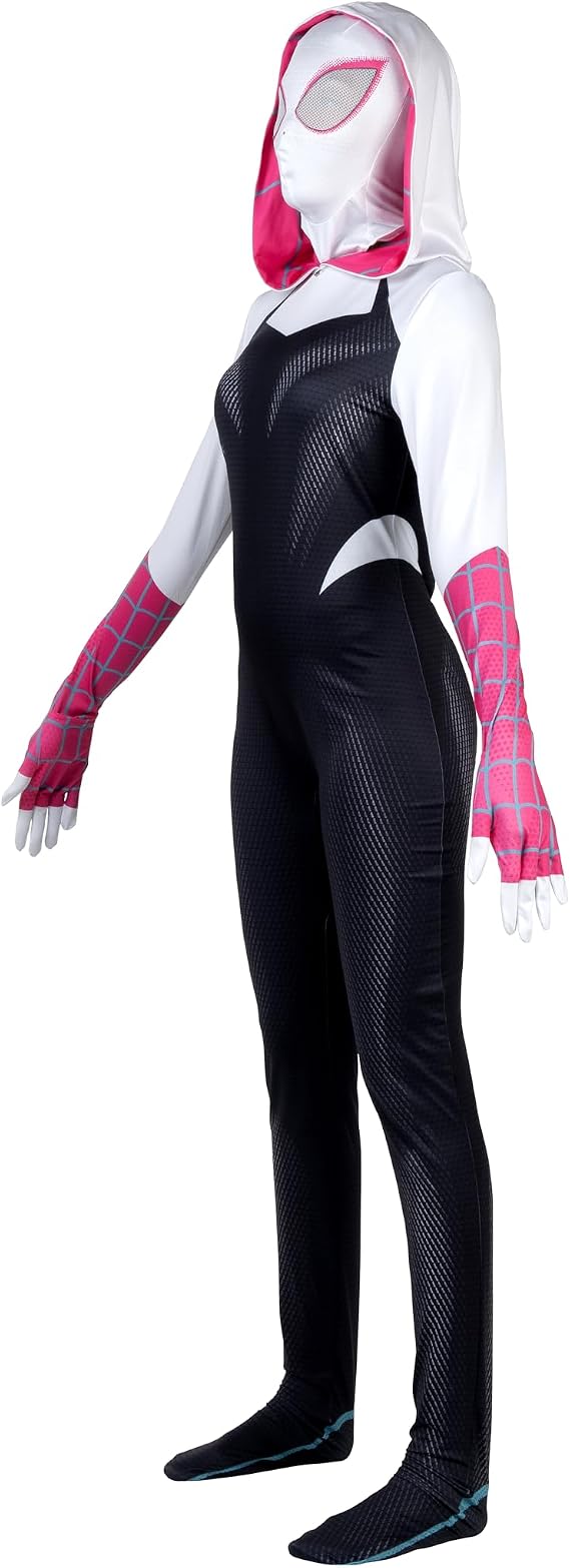 MARVEL Spider-Gwen Official Adult Zentai Halloween Costume - Hooded Spandex Jumpsuit with Printed Design and Pull On Mask