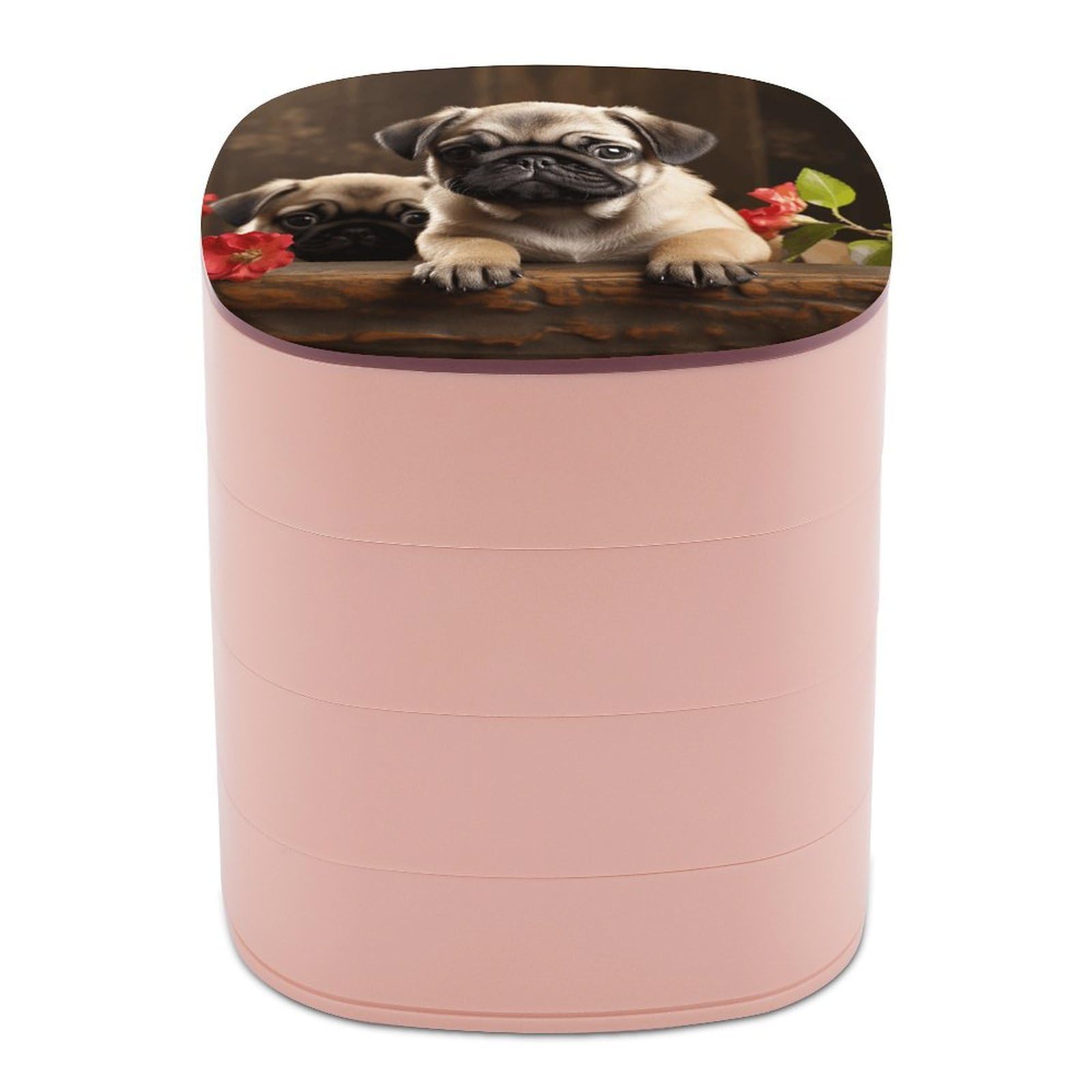 VstaDank Puppys Pug Jewelry Box with Mirror Travel Small Jewelry Case for Women 4-Layer Rotatable Jewelry Organizer Storage Box Portable Jewelry Storage Case for Rings Earrings