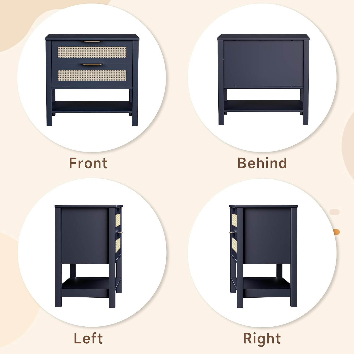 Boho Rattan Nightstand with 2 Drawers, Modern Large Bedside Tables, Wood End Table with Storage Shelf, Large Nightstand for Bedroom, Living Room, Entryway, Navy Blue
