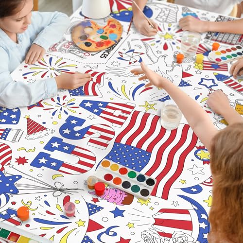 Image of Gatherfun 4th of July Patriotic Coloring Tablecloth 31.5x72 - American Flag-Themed Giant Poster for Independence Day Decor & Activities for Classroom or School Party Table Cover