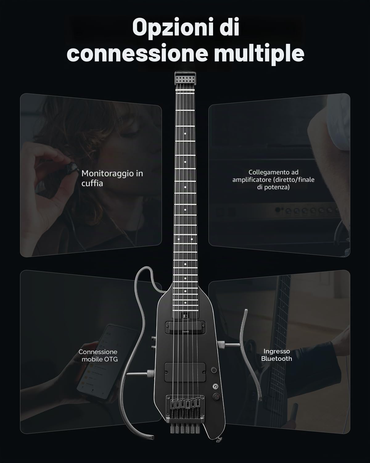 Donner HUSH X PRO Kit Chitarra Elettrica – Chitarra da viaggio intelligente con dozzine di combinazioni preimpostate, 7 opzioni di simulazione del tono, Nero
