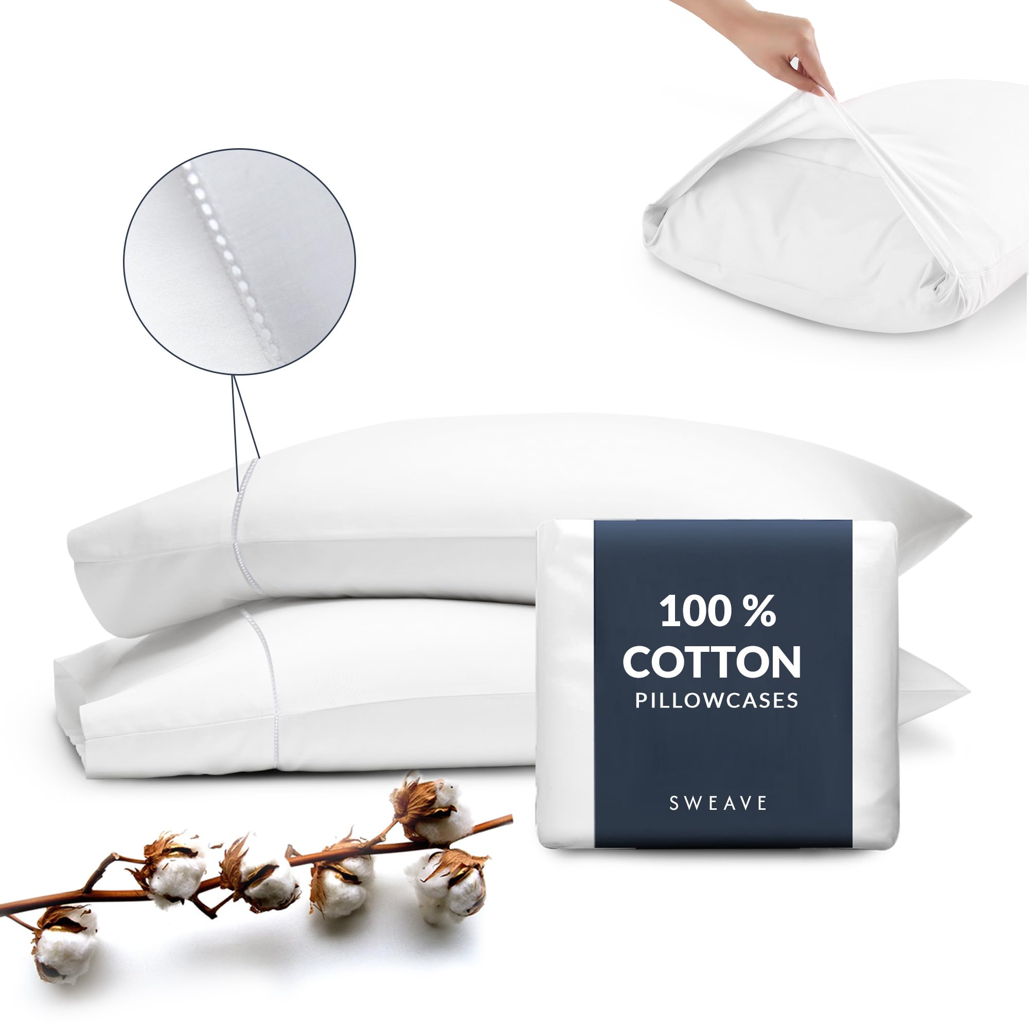 Sweave 100% Cotton Pillowcases Standard - Oeko-Tex Certified 415 Thread Count - Luxury Long Staple Cotton, Skin-Friendly, Silky Soft Sateen Weave, 2 PC Pillow Covers (White)