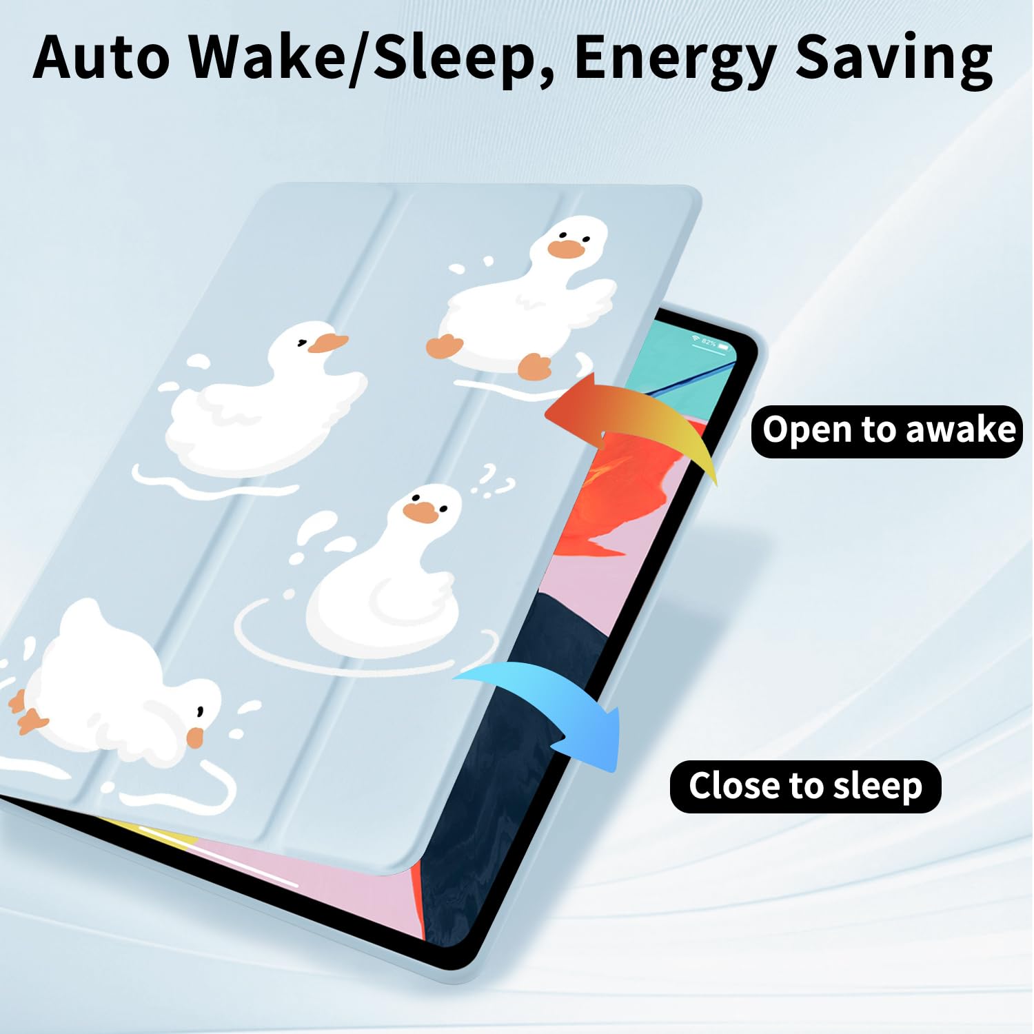 Custodia Kawaii Duck per iPad Pro 4a/3a/2a/1a generazione (2022/2021/2020/2018) 11 pollici con supporto per matita triplice supporto in pelle blu Girly Cover posteriore trasparente