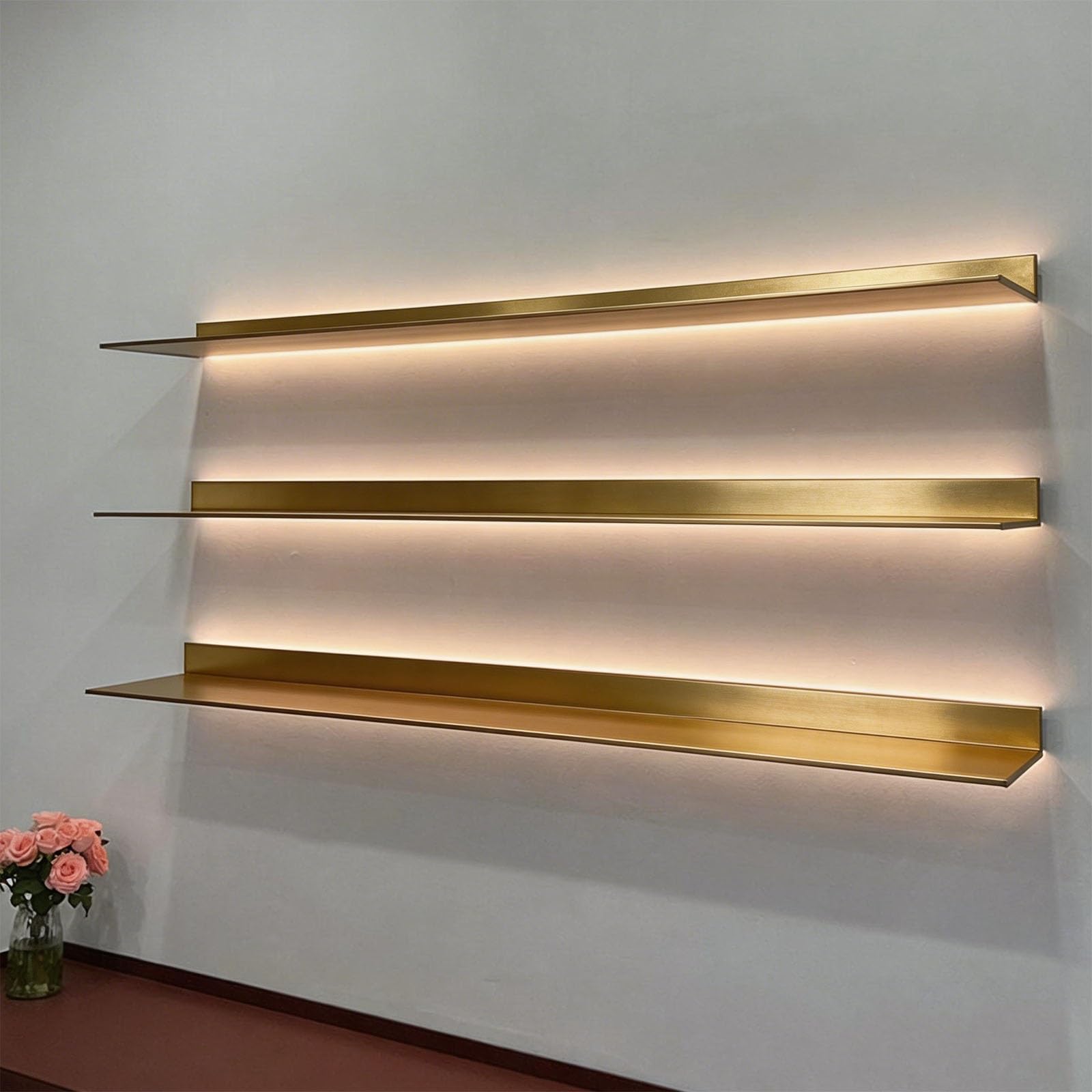 BVCL Metal Wall-Mounted Floating Shelves with LED Lights, High Weight Capacity for Living Room, Kitchen and Bathroom(Gold,80 cm)
