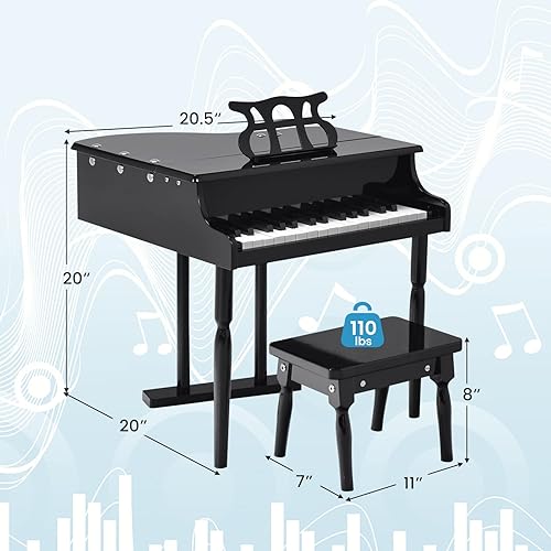 Miniatura 9 de HONEY JOY Piano clásico para niños, mini piano de cola de 30 teclas con soporte de música y banco, juguete de instrumento musical de madera con tapa