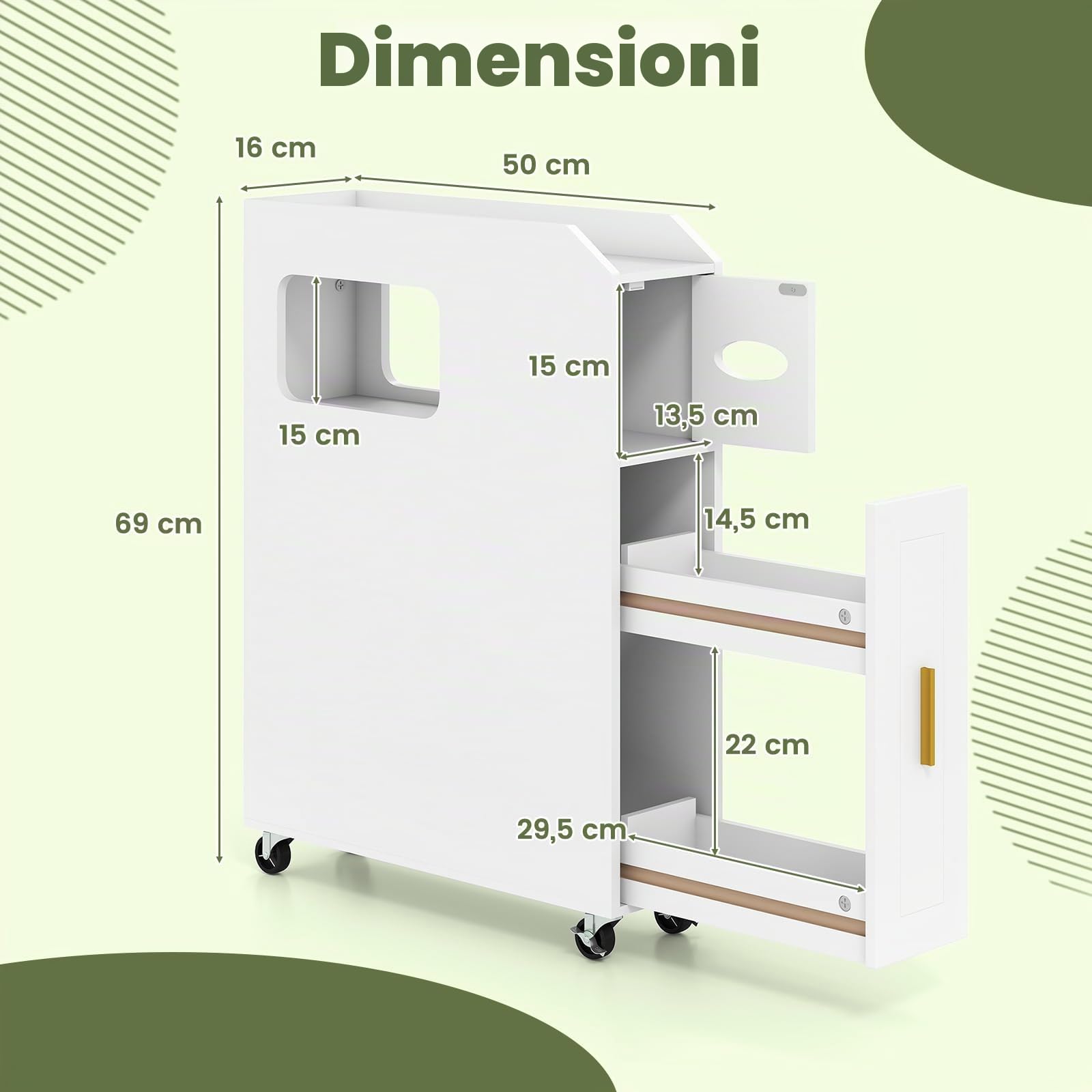 GIANTEX Piccolo Mobile da Bagno 16 cm, Armadietto da Bagno Stretto, Porta Carta, Porta Spazzola, Mobile WC Compatto con Cassetto e Ruote, Organizzazione del Bagno per Spazio Piccolo, Bianco